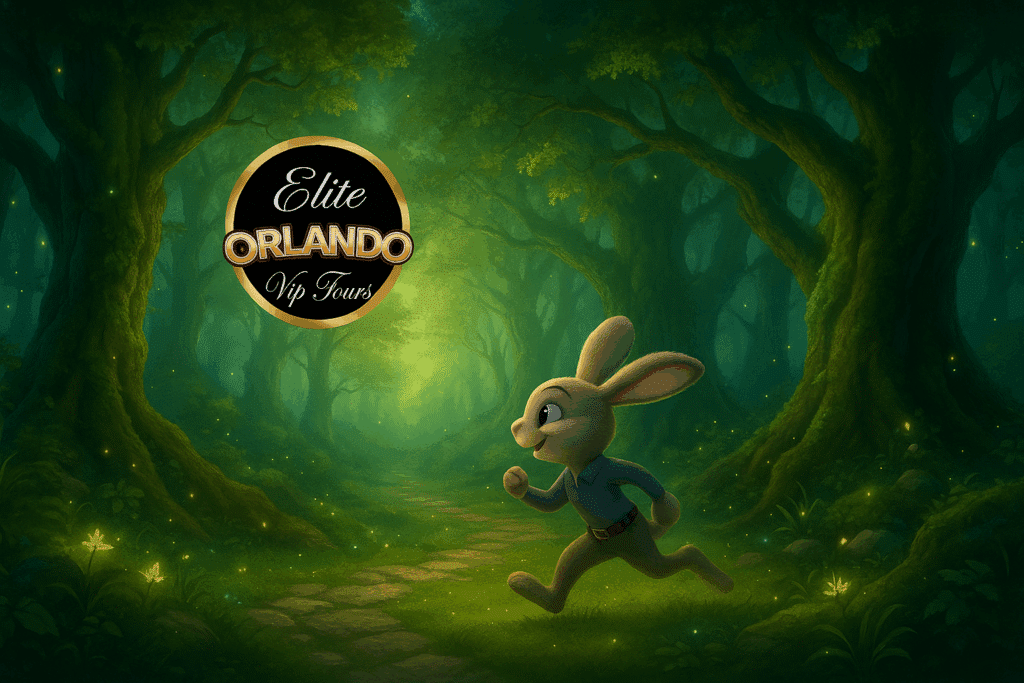 A magical forest scene featuring a glowing green path winding through tall, ancient trees with soft, ambient light. In the bottom right, a cheerful cartoon rabbit in a blue shirt is running toward the center. In the upper left, the “Elite Orlando VIP Tours” logo appears smaller and naturally integrated, with gold accents and elegant script, blending into the enchanted atmosphere. Fireflies and glowing plants add a whimsical touch throughout the lush environment.