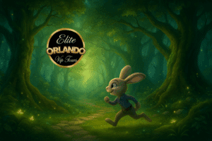 A magical forest scene featuring a glowing green path winding through tall, ancient trees with soft, ambient light. In the bottom right, a cheerful cartoon rabbit in a blue shirt is running toward the center. In the upper left, the “Elite Orlando VIP Tours” logo appears smaller and naturally integrated, with gold accents and elegant script, blending into the enchanted atmosphere. Fireflies and glowing plants add a whimsical touch throughout the lush environment.