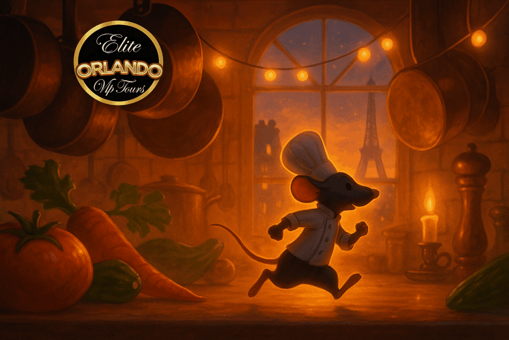 Remy from Ratatouille runs through a kitchen with the Eiffel Tower in the background. Elite Orlando VIP Tours logo. Elite Orlando Vip Tours