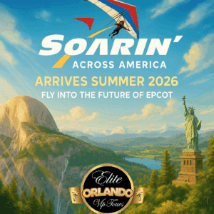Soarin' Across America poster: hang glider over Yosemite, Statue of Liberty. Arrives Summer 2026. Elite Orlando Vip Tours