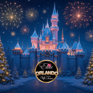 Cinderella's castle at Disney with fireworks and snow, "Elite Orlando VIP Tours" logo overlay. Elite Orlando Vip Tours